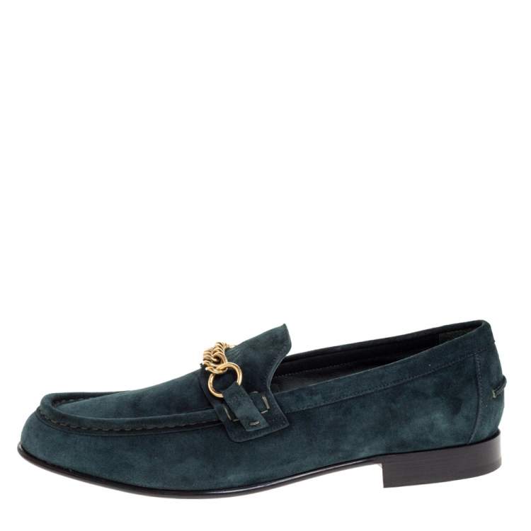Pre Owned Burberry Green Suede Leather Solway Chain Detail Slip On Loafers Size 44
