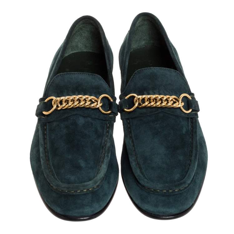 Pre Owned Burberry Green Suede Leather Solway Chain Detail Slip On Loafers Size 44