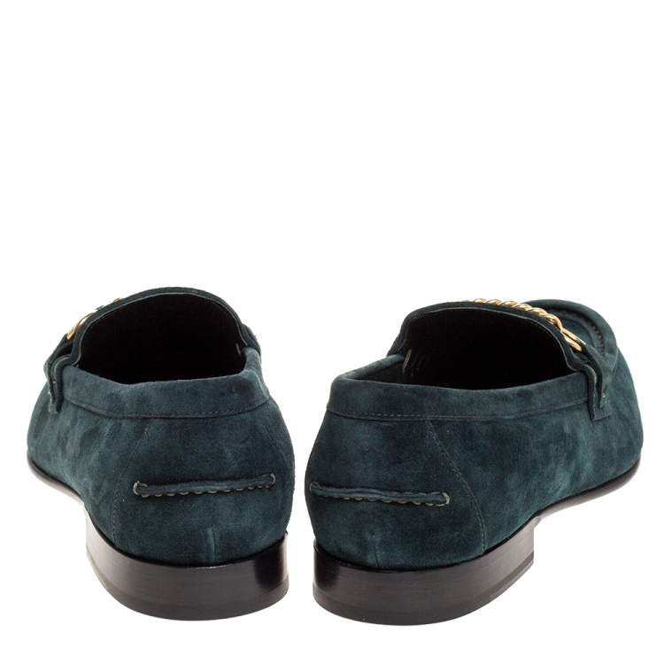 Pre Owned Burberry Green Suede Leather Solway Chain Detail Slip On Loafers Size 44