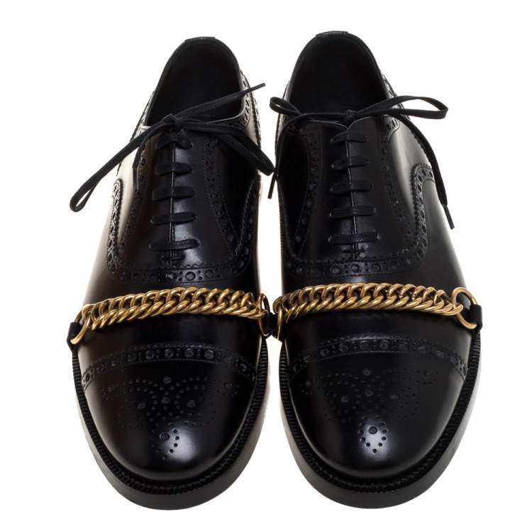 Pre Owned Burberry Black Brogue Leather Chain Link Lace Up Oxford Size 43