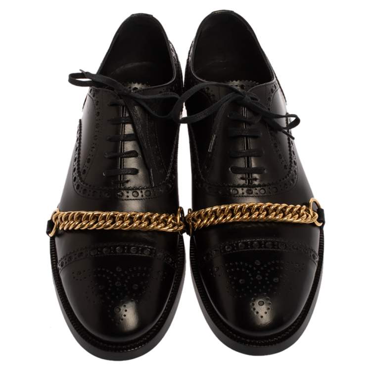 Pre Owned Burberry Black Brogue Leather Chain Link Lace Up Oxford Size 44