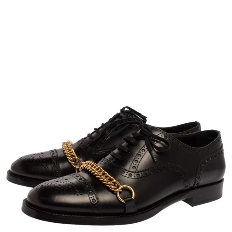 Pre Owned Burberry Black Brogue Leather Chain Link Lace Up Oxford Size 44