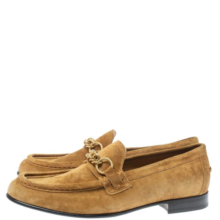 Pre Owned Burberry Brown Suede Leather Solway Chain Detail Slip On Loafers Size 41.5