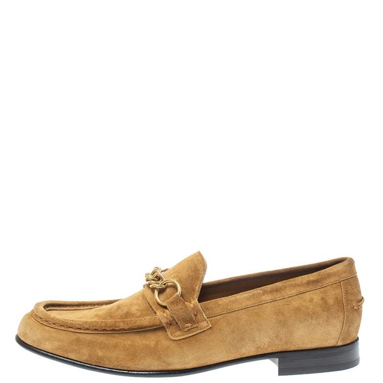 Pre Owned Burberry Brown Suede Leather Solway Chain Detail Slip On Loafers Size 41.5