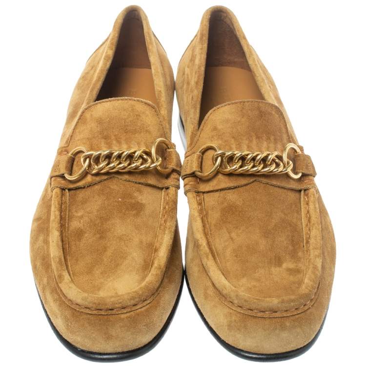 Pre Owned Burberry Brown Suede Leather Solway Chain Detail Slip On Loafers Size 41.5