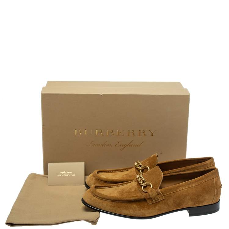 Pre Owned Burberry Brown Suede Leather Solway Chain Detail Slip On Loafers Size 41.5