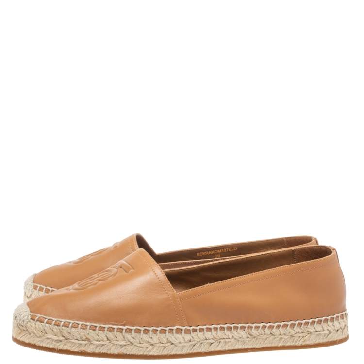 Pre Owned Burberry Brown Leather TB Slip On Espadrilles Loafers Size 39