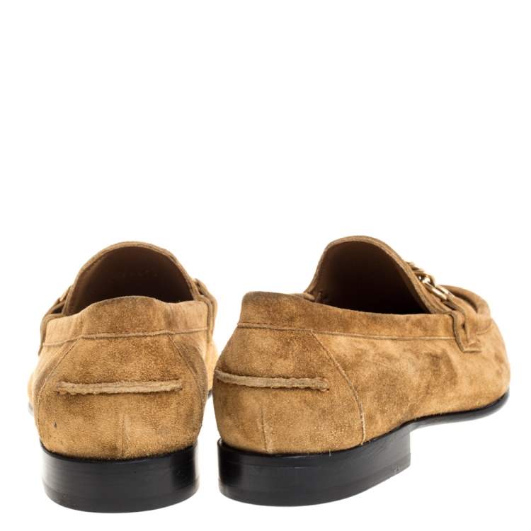 Pre Owned Burberry Brown Suede Leather Solway Chain Detail Slip On Loafers Size 42.5