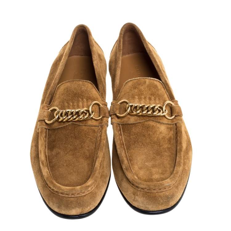 Pre Owned Burberry Brown Suede Leather Solway Chain Detail Slip On Loafers Size 42.5
