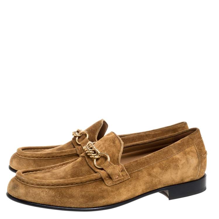 Pre Owned Burberry Brown Suede Leather Solway Chain Detail Slip On Loafers Size 42.5