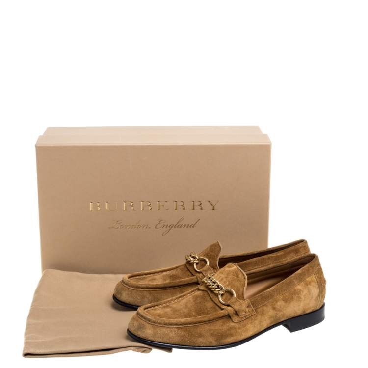 Pre Owned Burberry Brown Suede Leather Solway Chain Detail Slip On Loafers Size 42.5