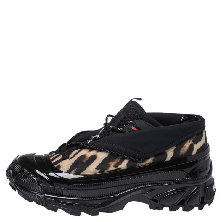 Pre Owned Burberry Black Mesh And Leopard Print Satin Arthur Low Top Sneakers Size 43