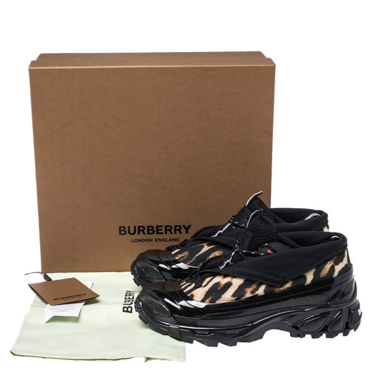 Pre Owned Burberry Black Mesh And Leopard Print Satin Arthur Low Top Sneakers Size 43