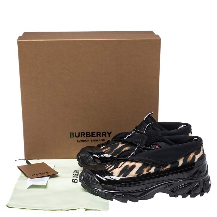 Pre Owned Burberry Black Mesh And Leopard Print Satin Arthur Low Top Sneakers Size 44