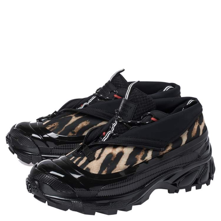 Pre Owned Burberry Black Mesh And Leopard Print Satin Arthur Low Top Sneakers Size 44