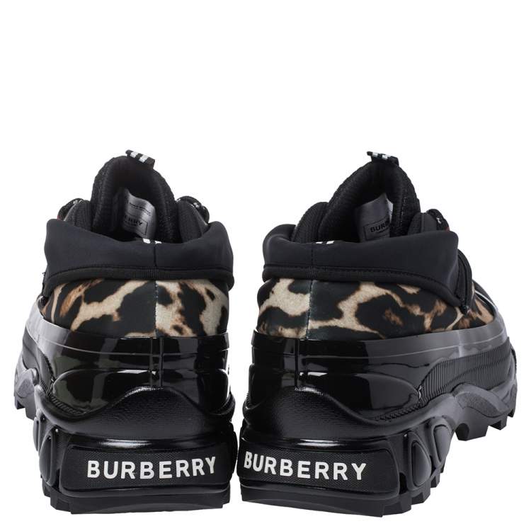 Pre Owned Burberry Black Mesh And Leopard Print Satin Arthur Low Top Sneakers Size 44