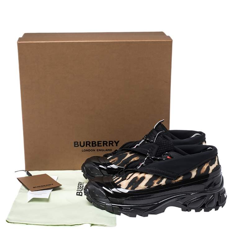 Pre Owned Burberry Black Mesh And Leopard Print Satin Arthur Low Top Sneakers Size 43.5