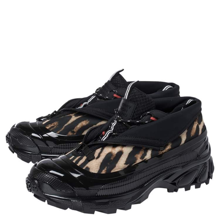 Pre Owned Burberry Black Mesh And Leopard Print Satin Arthur Low Top Sneakers Size 43.5