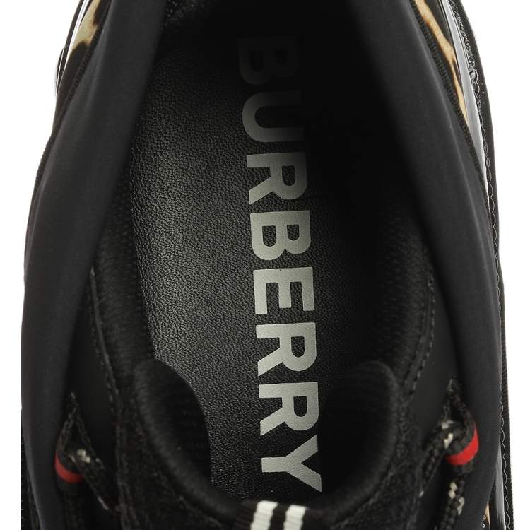 Pre Owned Burberry Black Mesh And Leopard Print Satin Arthur Low Top Sneakers Size 45