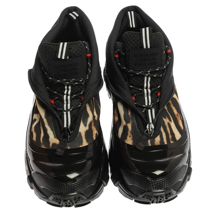 Pre Owned Burberry Black Mesh And Leopard Print Satin Arthur Low Top Sneakers Size 45