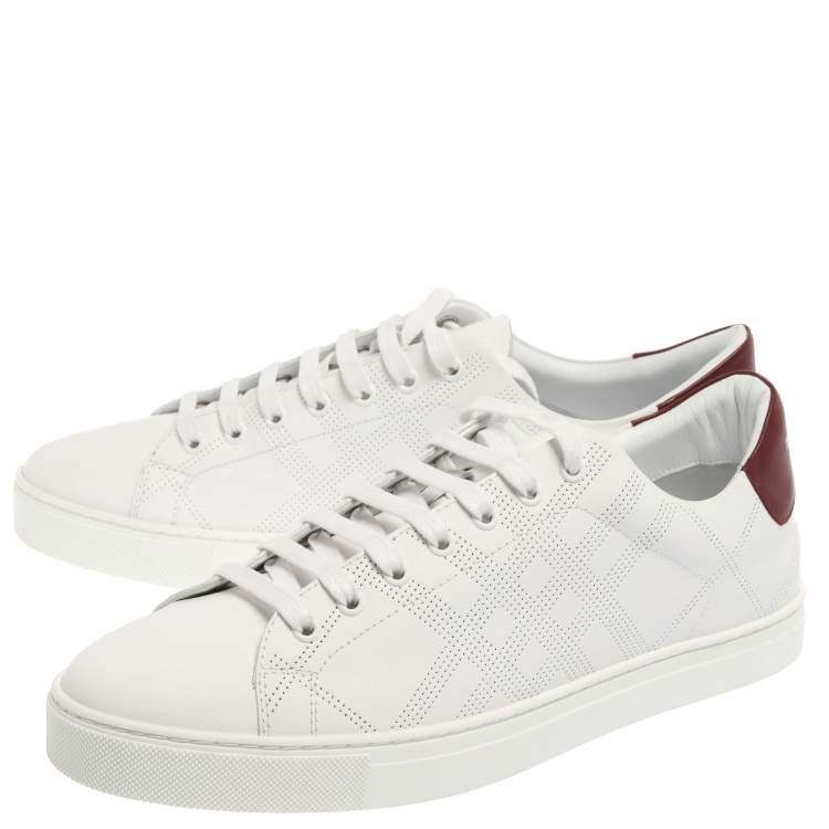 Pre Owned Burberry White Leather Albert Perforated Check Low Top Sneakers Size 45