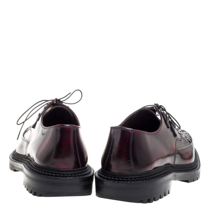 Pre Owned Burberry Burgundy Leather Woven Toe Detail Lace Up Platform Creepers Size 44