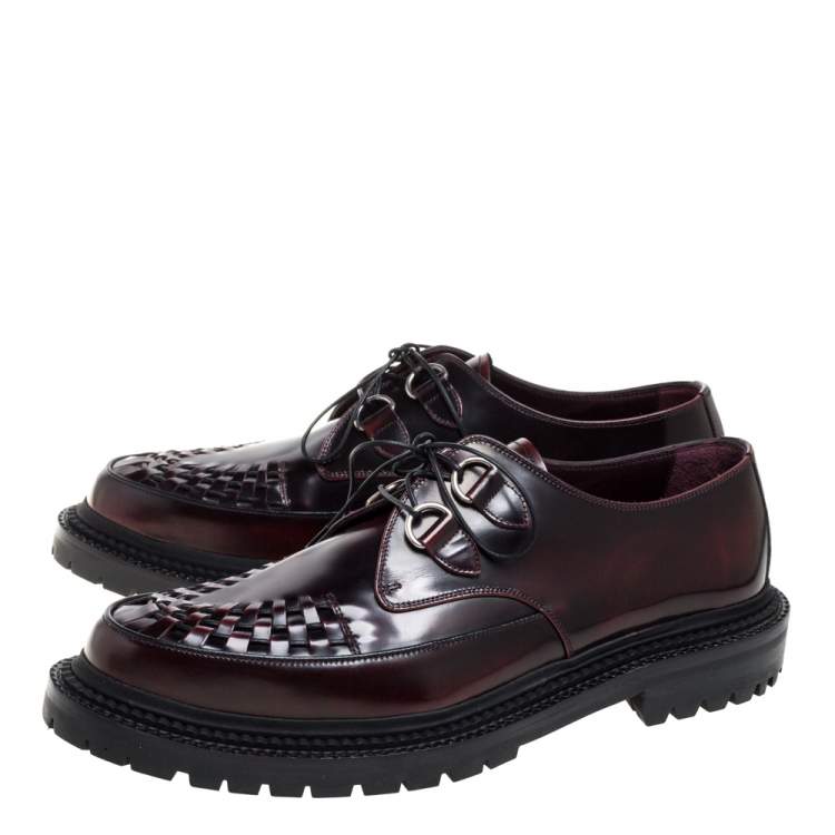 Pre Owned Burberry Burgundy Leather Woven Toe Detail Lace Up Platform Creepers Size 44