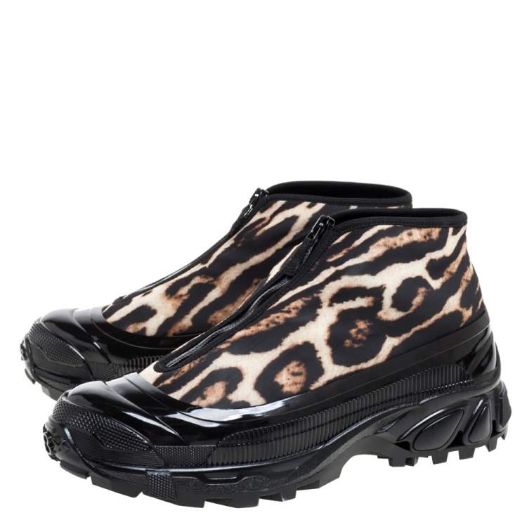 Pre Owned Burberry Black Mesh And Leopard Print Satin Arthur Low Top Sneakers Size 42.5