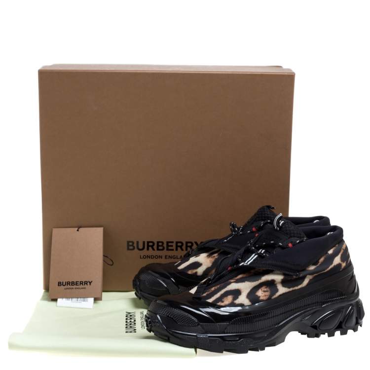 Pre Owned Burberry Black Mesh And Leopard Print Satin Arthur Low Top Sneakers Size 42.5