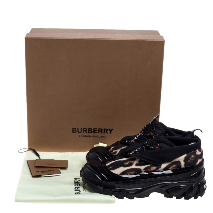 Pre Owned Burberry Black Mesh And Leopard Print Satin Arthur Low Top Sneakers Size 42