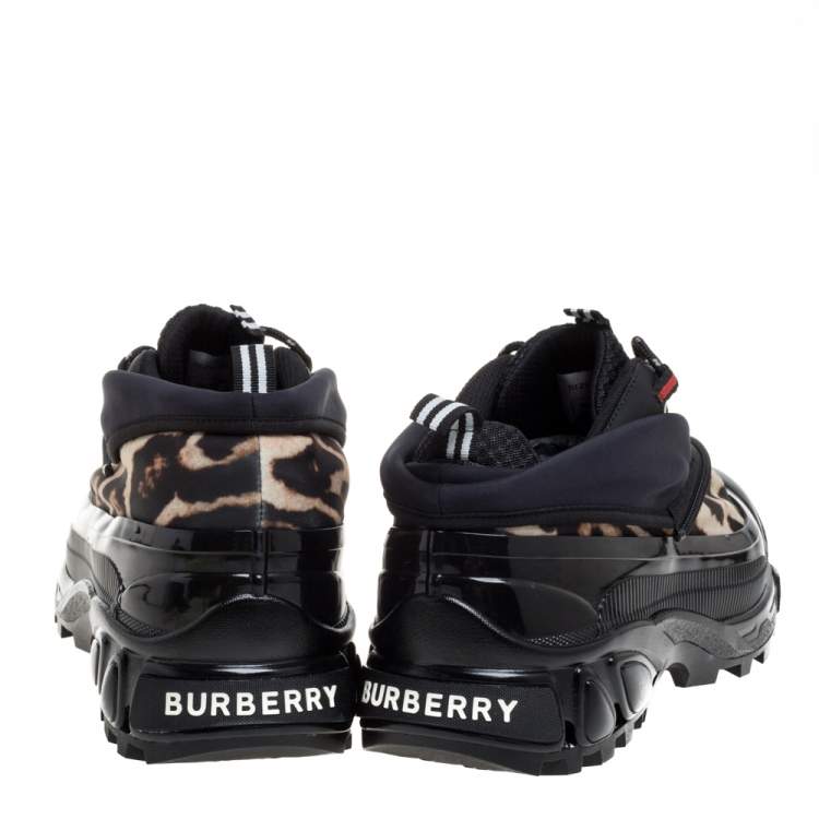 Pre Owned Burberry Black Mesh And Leopard Print Satin Arthur Low Top Sneakers Size 42