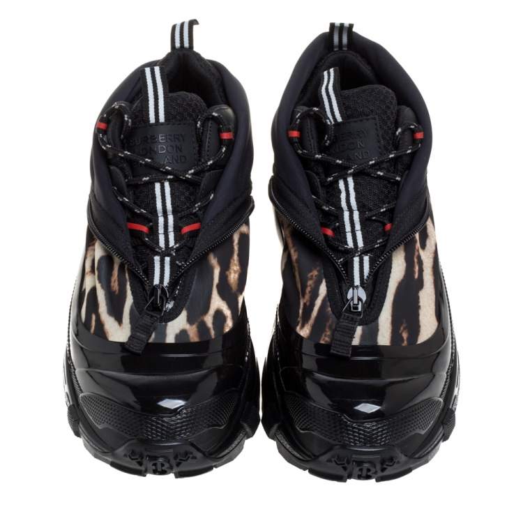 Pre Owned Burberry Black Mesh And Leopard Print Satin Arthur Low Top Sneakers Size 42