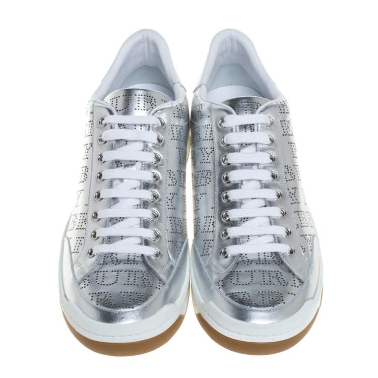 Pre Owned Burberry Metallic Silver Perforated Leather Timsbury Low Top Sneakers Size 42
