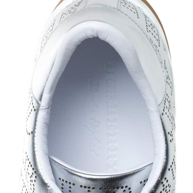 Pre Owned Burberry Metallic Silver Perforated Leather Timsbury Low Top Sneakers Size 42