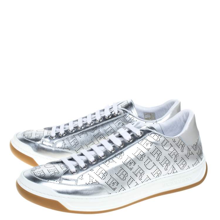 Pre Owned Burberry Metallic Silver Perforated Leather Timsbury Low Top Sneakers Size 42