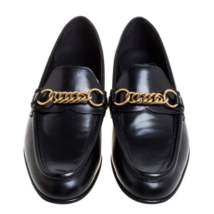 Pre Owned Burberry Black Leather Solway Chain Detail Slip On Loafers Size 41