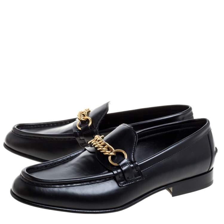 Pre Owned Burberry Black Leather Solway Chain Detail Slip On Loafers Size 41