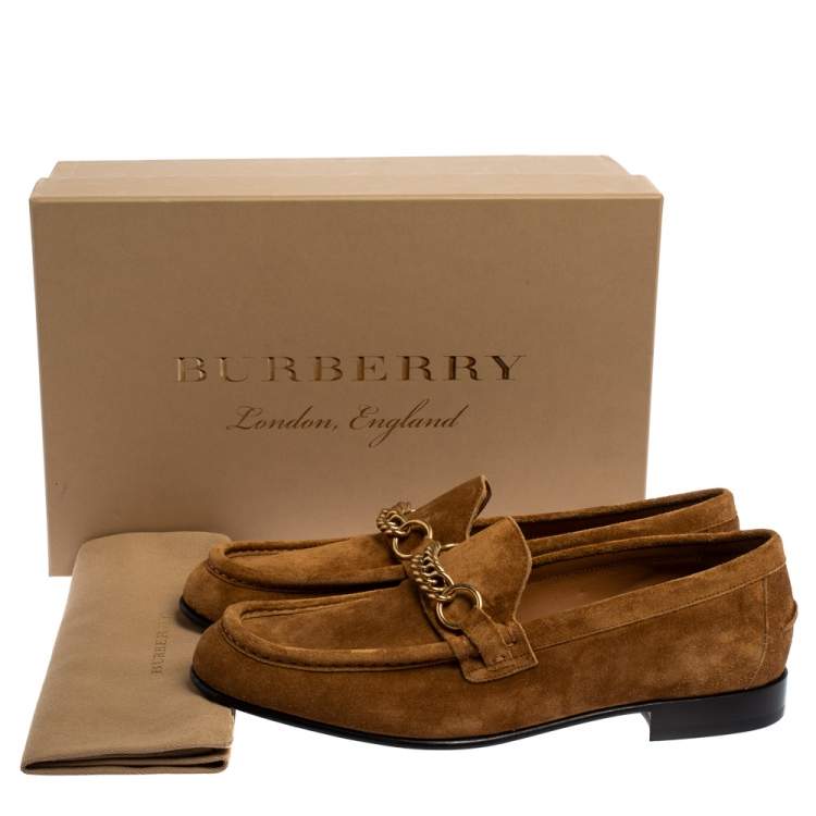 Pre Owned Burberry Brown Suede Leather Solway Chain Detail Slip On Loafers Size 43