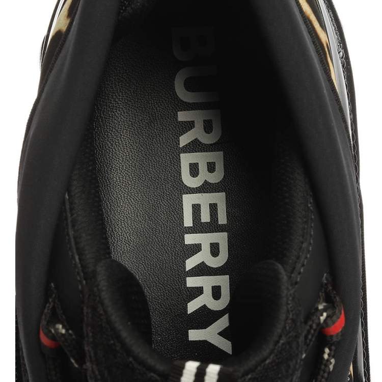 Pre Owned Burberry Black Mesh And Leopard Print Satin Arthur Low Top Sneakers Size 41.5
