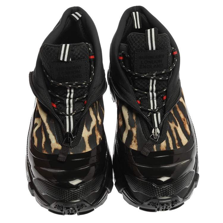Pre Owned Burberry Black Mesh And Leopard Print Satin Arthur Low Top Sneakers Size 41.5
