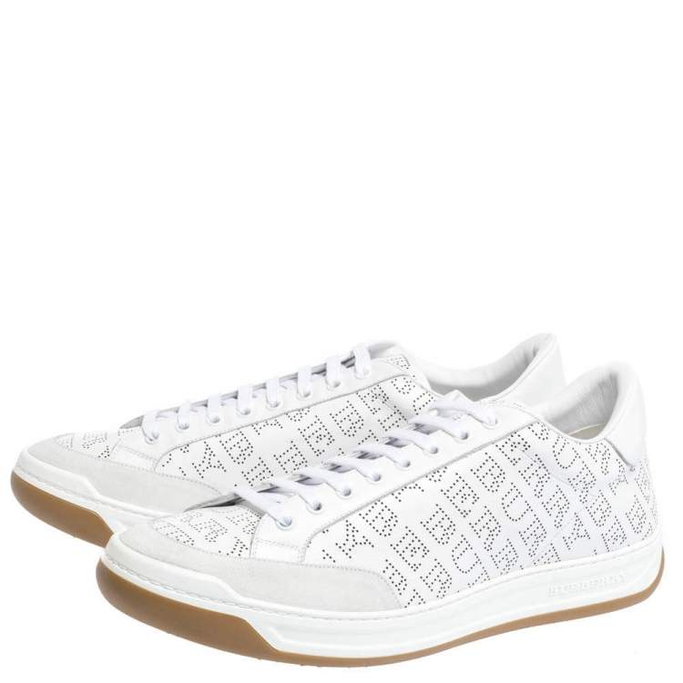 Pre Owned Burberry White/Grey Perforated Leather Timsbury Low Top Sneakers Size 45.5