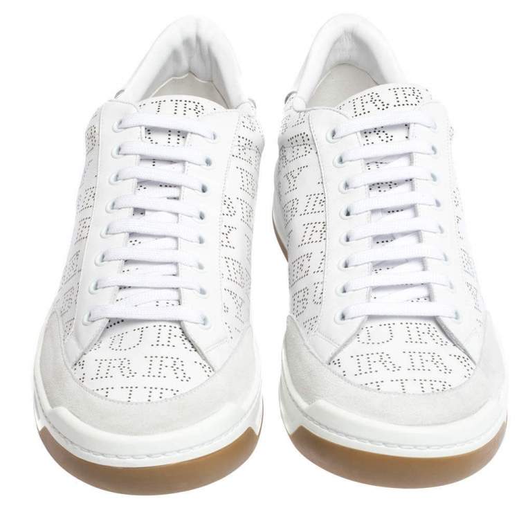 Pre Owned Burberry White/Grey Perforated Leather Timsbury Low Top Sneakers Size 45.5