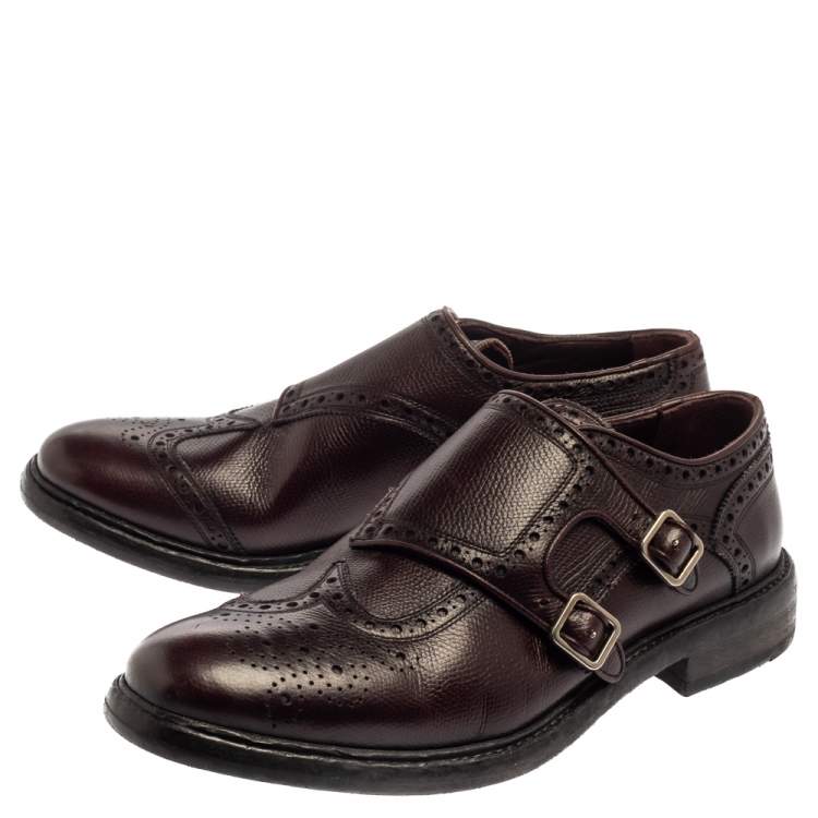 Pre Owned Burberry Burgundy Brogue Leather Delmar Asymmetric Monk Derby Size 41.5