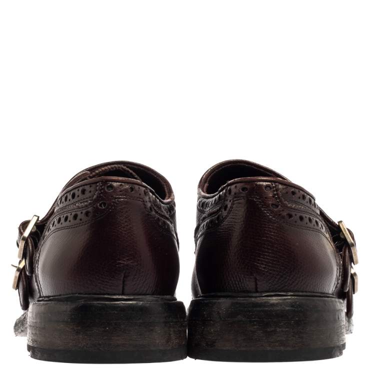 Pre Owned Burberry Burgundy Brogue Leather Delmar Asymmetric Monk Derby Size 41.5