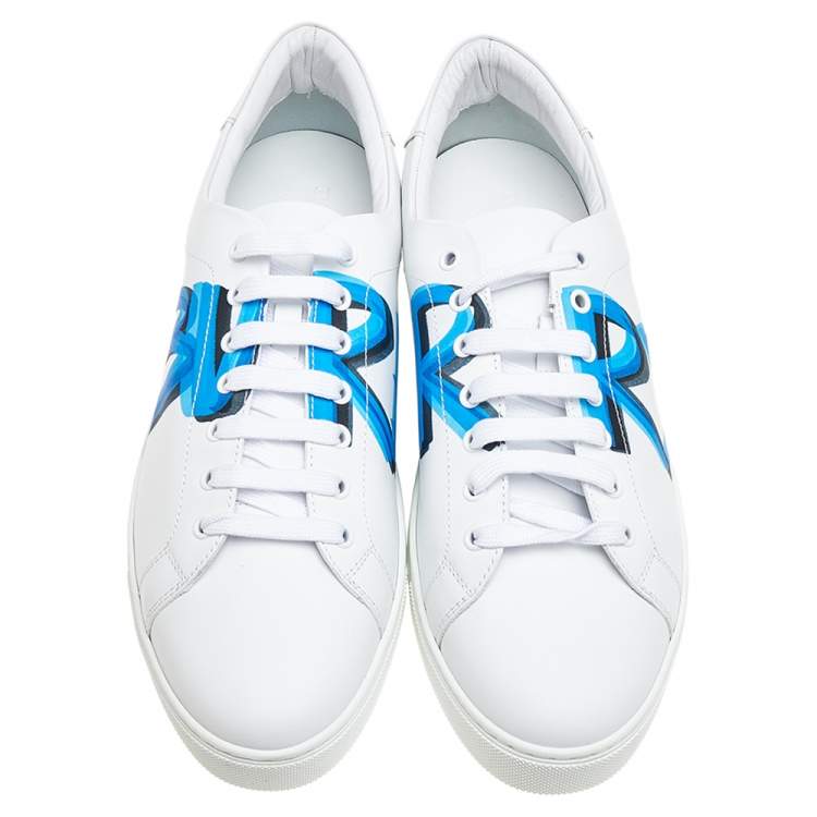 Pre Owned Burberry White/Blue Graffiti Print Leather Low Top Sneakers Size 45