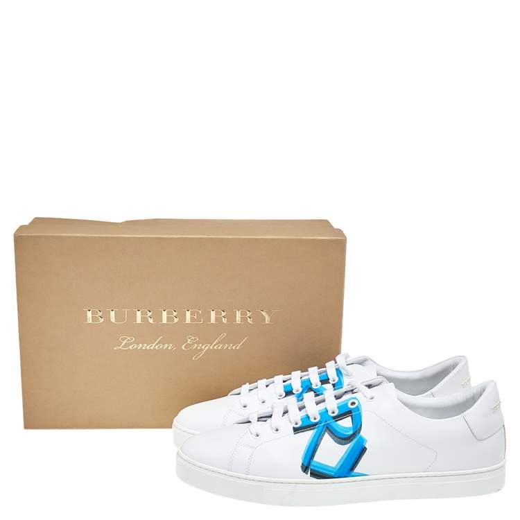 Pre Owned Burberry White/Blue Graffiti Print Leather Low Top Sneakers Size 45