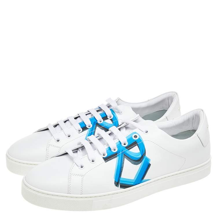 Pre Owned Burberry White/Blue Graffiti Print Leather Low Top Sneakers Size 45