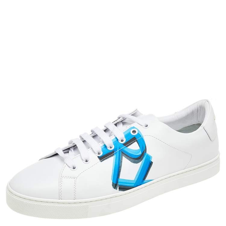 Burberry White/Blue Graffiti Print Leather Low Top Sneakers Size 45 Burberry  | TLC
