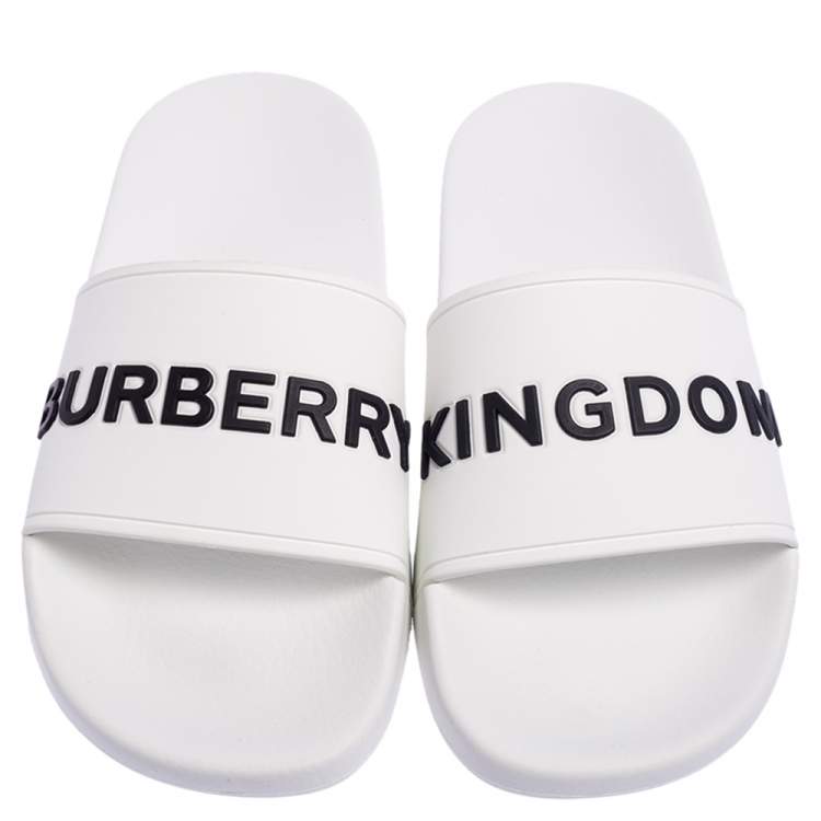 Pre Owned Burberry White Rubber Kingdom Motif Slip On Slides Size 38