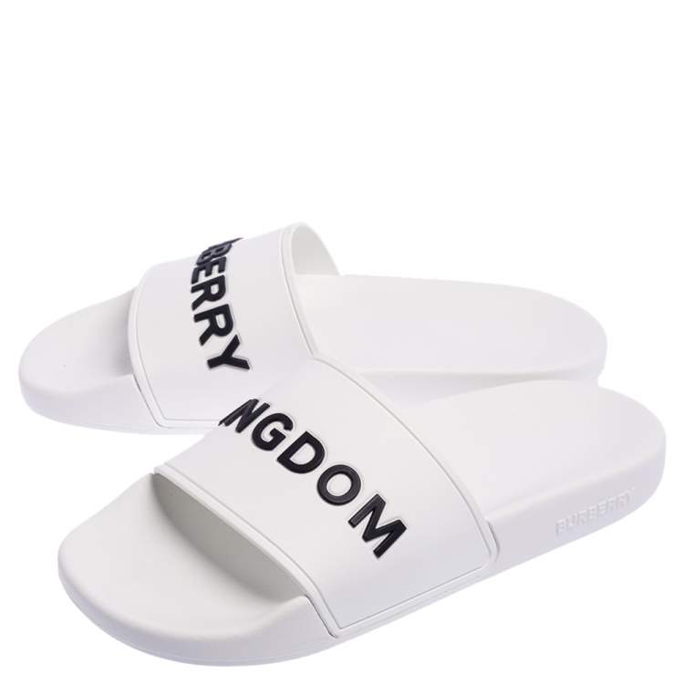 Pre Owned Burberry White Rubber Kingdom Motif Slip On Slides Size 38